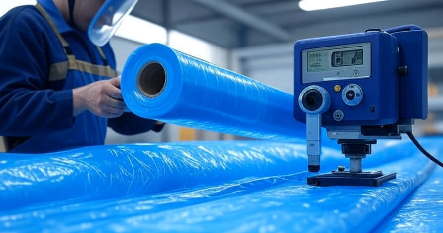 Технолог контролирует качество полиэтиленовой пленки на производстве.