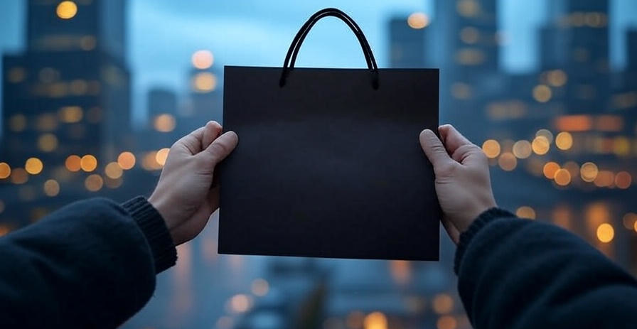 Руки держат черный матовый крафт-пакет вечером.