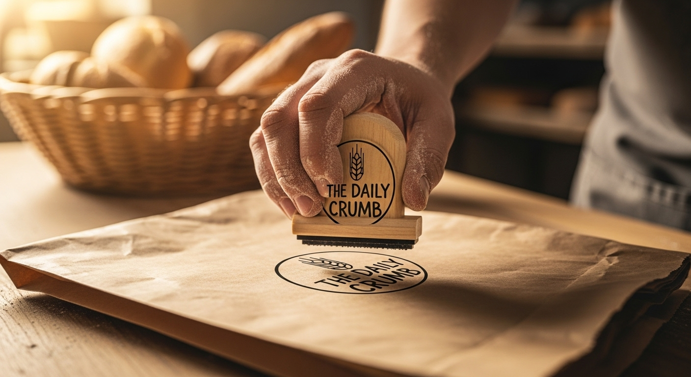 Пекарь ставит фирменный штамп на крафтовый пакет.