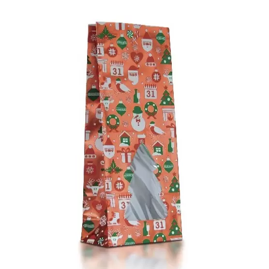 Пакет бумажный розовый с окном, с рисунком «Новогодний», 10×6×26 см