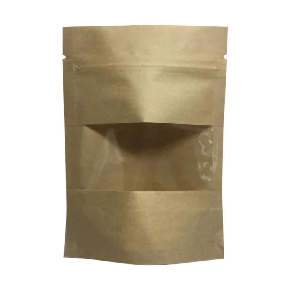 Дой-пак с замком zip-lock из крафт-бумаги (полоска) с окном 4 см, 10×15×3 cм