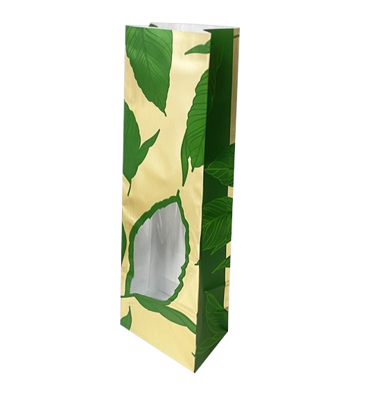 Пакет бумажный зеленый с окном, с рисунком «Зелёный лист», 8×5×24 см