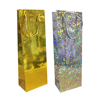 Пакет бумажный подарочный под бутылку, голограмма-MIX, 12×36×7 см